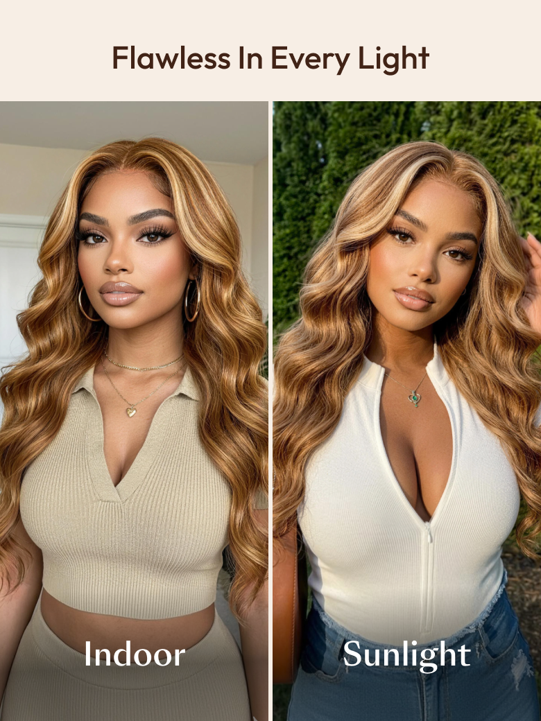 Honey blonde body wave lace front wig comparison showing indoor versus outdoor sunlight model lifestyle lighting.