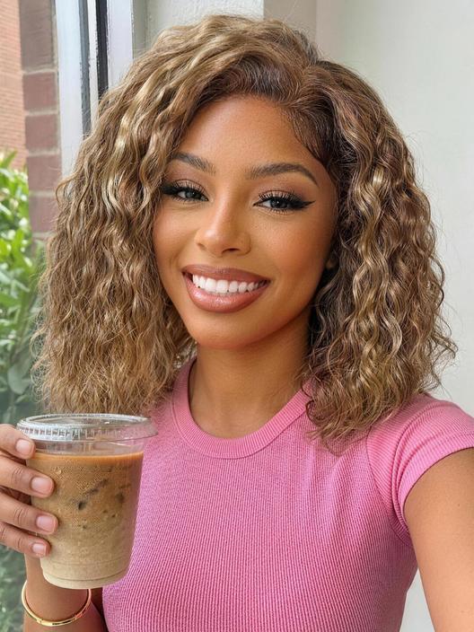 UNice 13x4 Bye Bye Slip™ Lace Frontal Brown with Caramel Highlights Glueless Curly Wig with Dark Roots