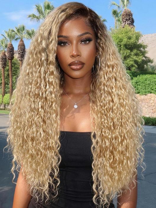 UNice 13x4 Bye Bye Slip™ Lace Frontal Brown with Caramel Highlights Glueless Curly Wig with Dark Roots
