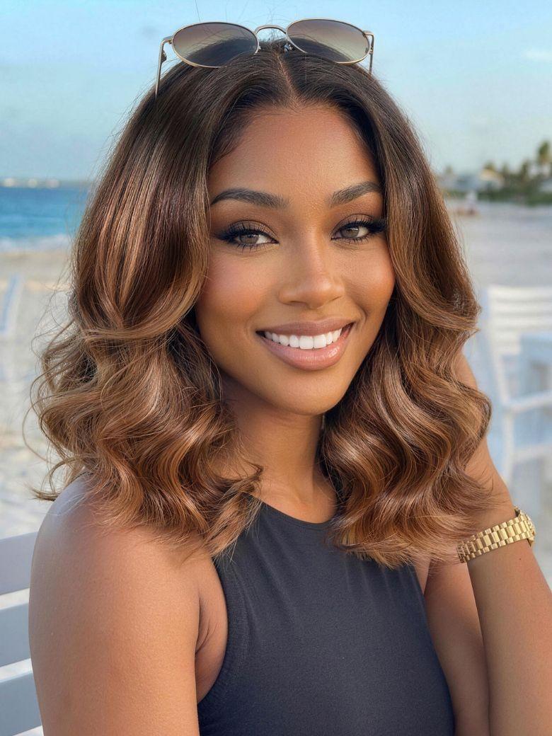 UNice 13x4 Bye Bye Slip™ Lace Frontal Caramel Brown with Hightlights Wavy Bob Glueless Wig with Invisi Drawstring