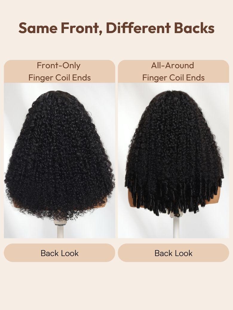 Side-by-side comparison of two wigs on mannequins. Left wig has even, curly ends all around; right wig has curly ends at the front with straighter ends at the back.