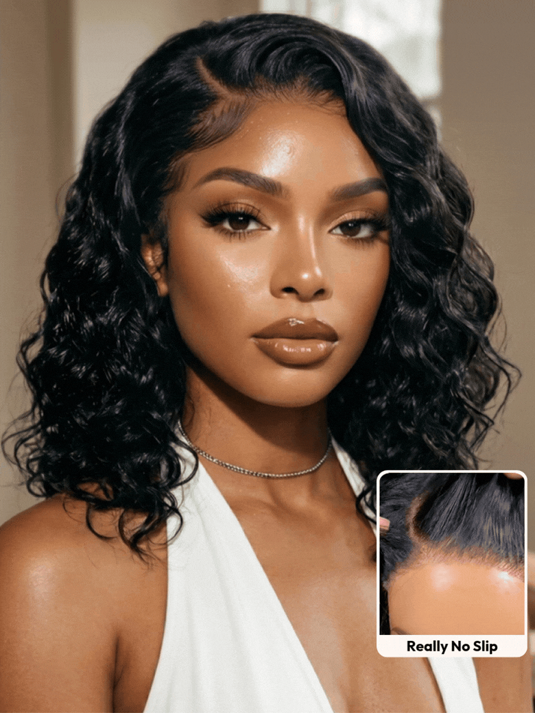 UNice Bye-Bye Slip⢠6X4 Glueless Lace "C" Side Part Loose Wavy Bob 220% High Density Drawstring 100% Human Hair Wig For Beginners