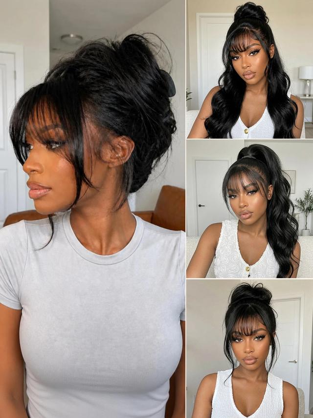 UNice 7x5 Bye-Bye Knots™ & 13x4 Pre-Everything™ Lace Frontal Pull And Go Black Fluffy Natural Loose Wave Curtain Bangs Wig with Free Ear Tape