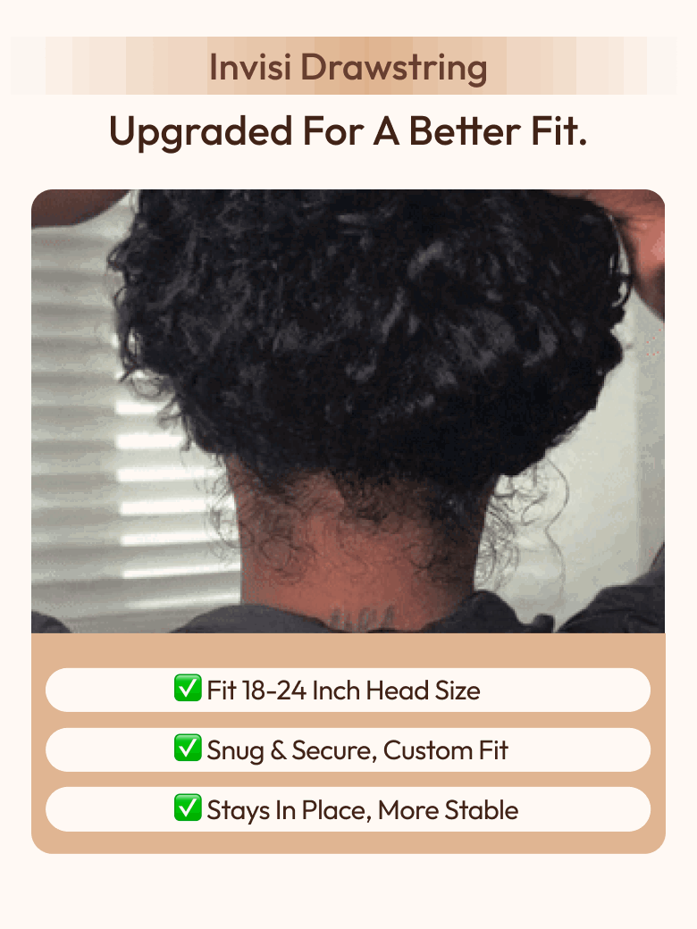 A person adjusts a drawstring wig on their head, ensuring a snug, secure custom fit. Text highlights features: fits 18-24 inch head size, drawstring wig stays in place and is more stable for all-day wear.