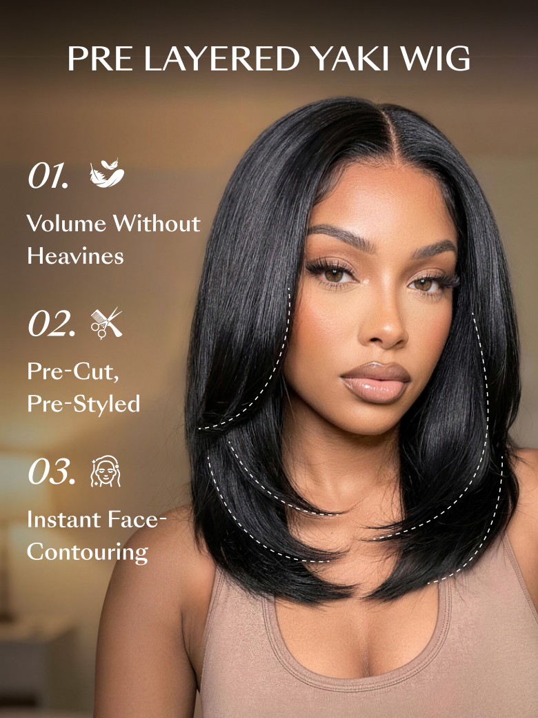UNice 7x5 Bye Bye Slip™ Glueless Lace Black Yaki & Pre Layered Yaki Bob Bleached Knots Drawstring Wig