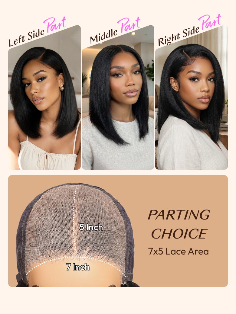 UNice 7x5 Bye Bye Slip™ Glueless Lace Black Yaki & Pre Layered Yaki Bob Bleached Knots Drawstring Wig