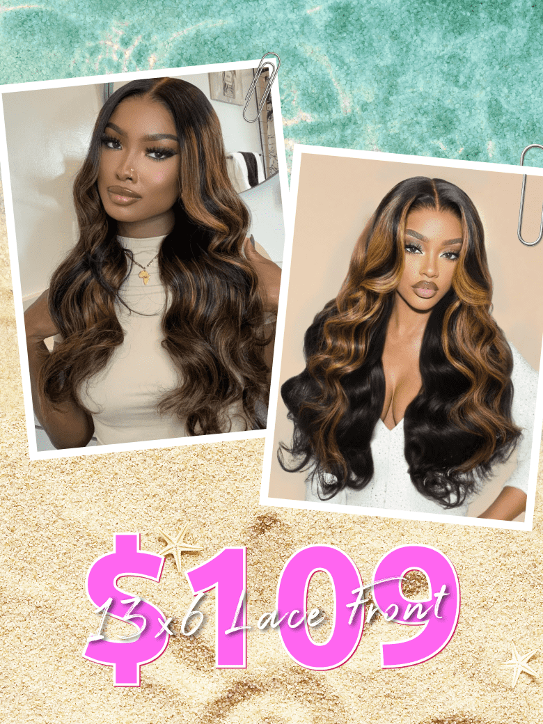 [From 20"] 13X6 Balayage Highlight& 7x5 Bye-Bye Knots Black with Caramel Blonde Highlights Body Wave Lace Wig With Drawstring