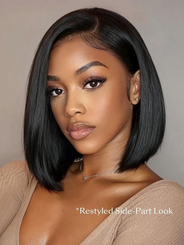 A model displays the UNice 7x5 Bye Bye Knots Glueless Lace Bleached Knots Pre Layered Bob With Drawstring Wig, showing a model with a black bob bob bob bob bob bob bob.