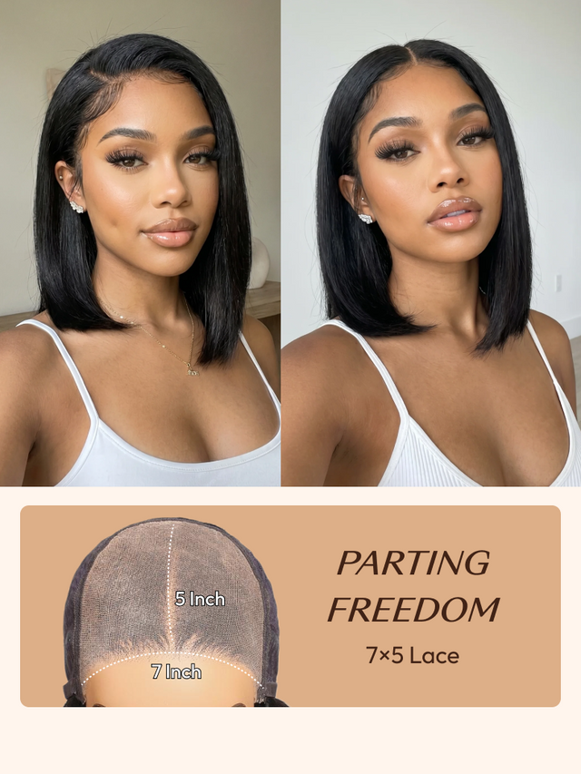A model displays the UNice 7x5 Bye Bye Knots Glueless Lace Bleached Knots Pre Layered Bob With Drawstring Wig, showing a model with a full lace wig and 7x5, glueless.