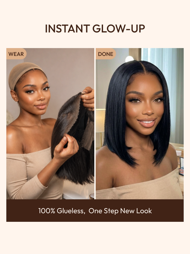 A model displays the UNice 7x5 Bye Bye Knots Glueless Lace Bleached Knots Pre Layered Bob With Drawstring Wig, showing instant hair weaves with instant weave and 7x5.