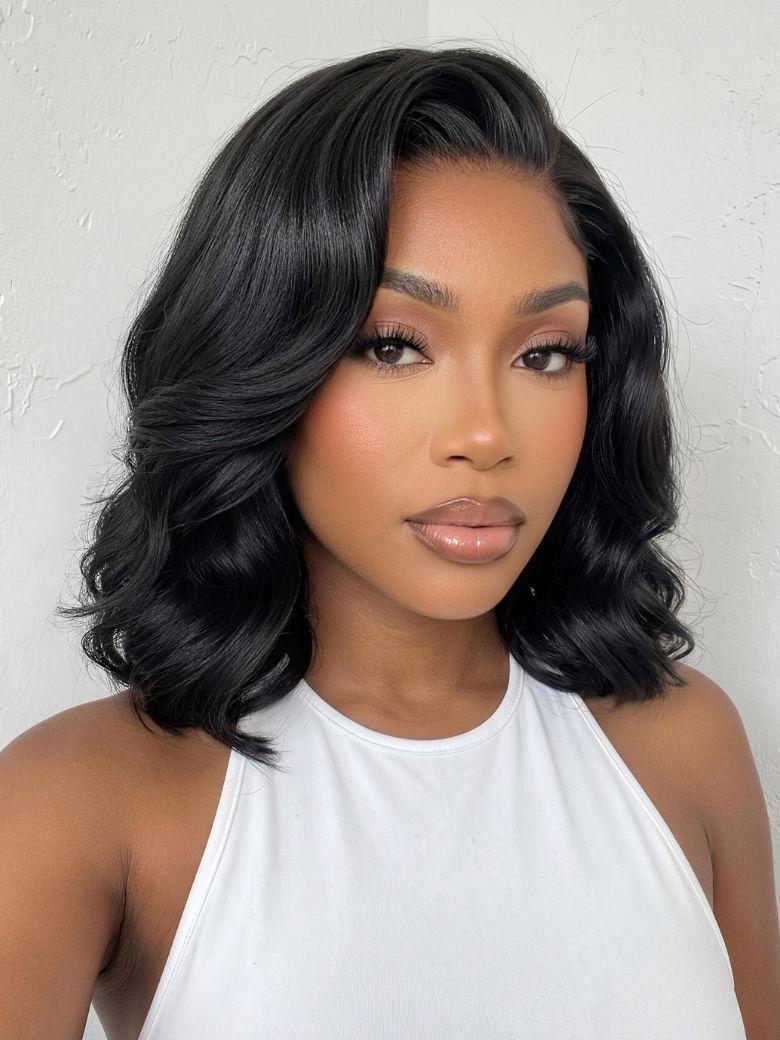 UNice 7x5 Bye Bye Slip™ Lace Black Glueless Flipped Bob Drawstring Wig with Side Part Bangs