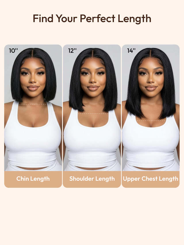 A model displays the UNice 7x5 Bye Bye Knots Glueless Lace Bleached Knots Pre Layered Bob With Drawstring Wig, showing a model with long hair and a white top.