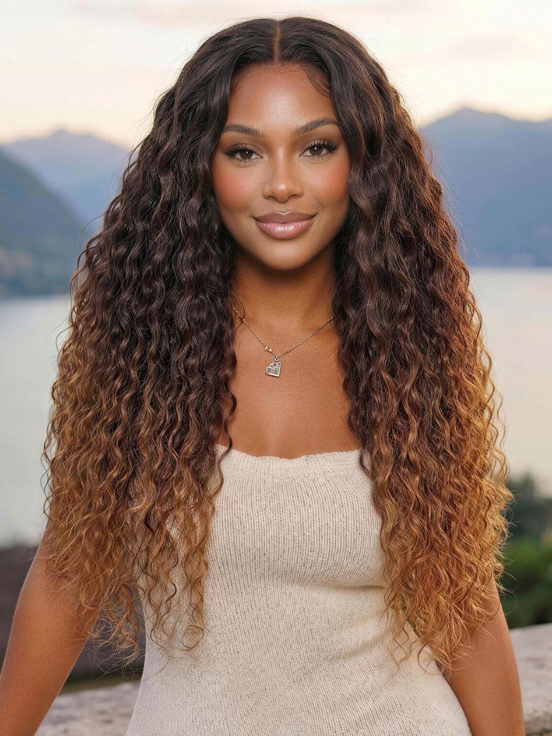 UNice 7x5 Bye Bye Slip™ Lace Caramel Brown Ombre with Dark Roots Water Wave Glueless Wig