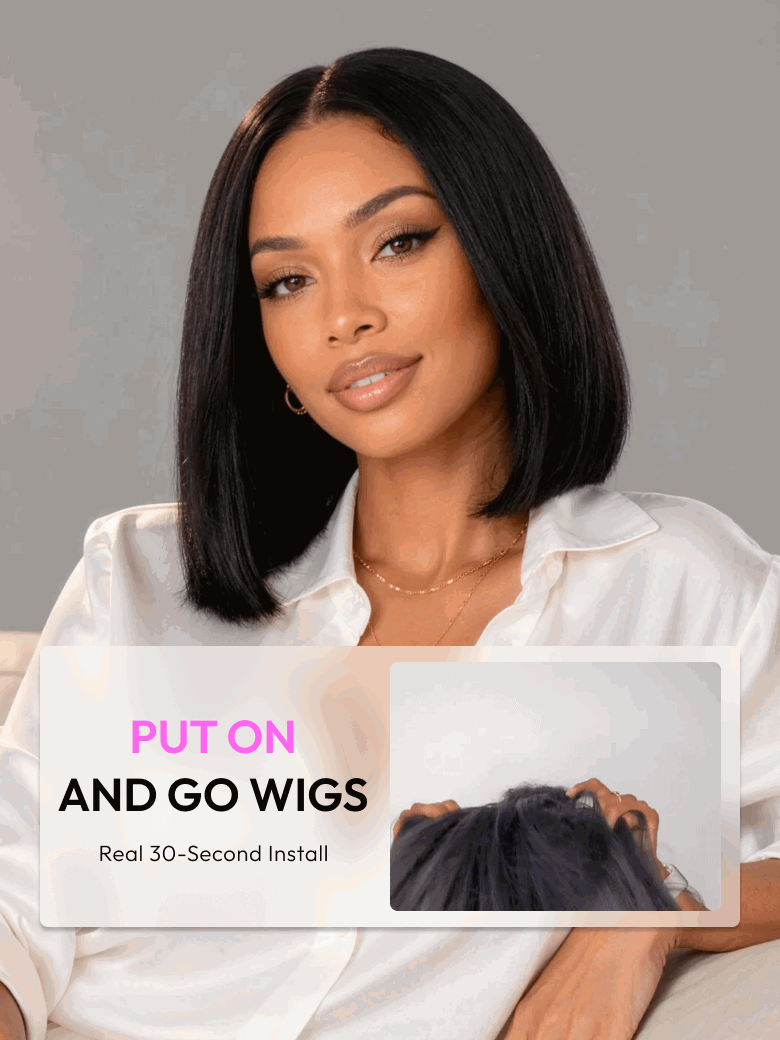 A model displays the UNice 7x5 Bye Bye Knots Glueless Lace Bleached Knots Pre Layered Bob With Drawstring Wig, showing a model with long black hair and a white shirt.