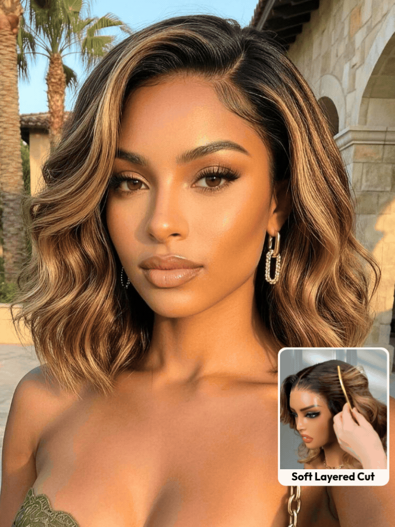 UNice 13x4 Pre-Everything™ Lace Frontal Brown With Honey Blonde Face-Framing Highlights Wavy Bob Glueless Drawstring Wig Workout Friendly Secure Fit