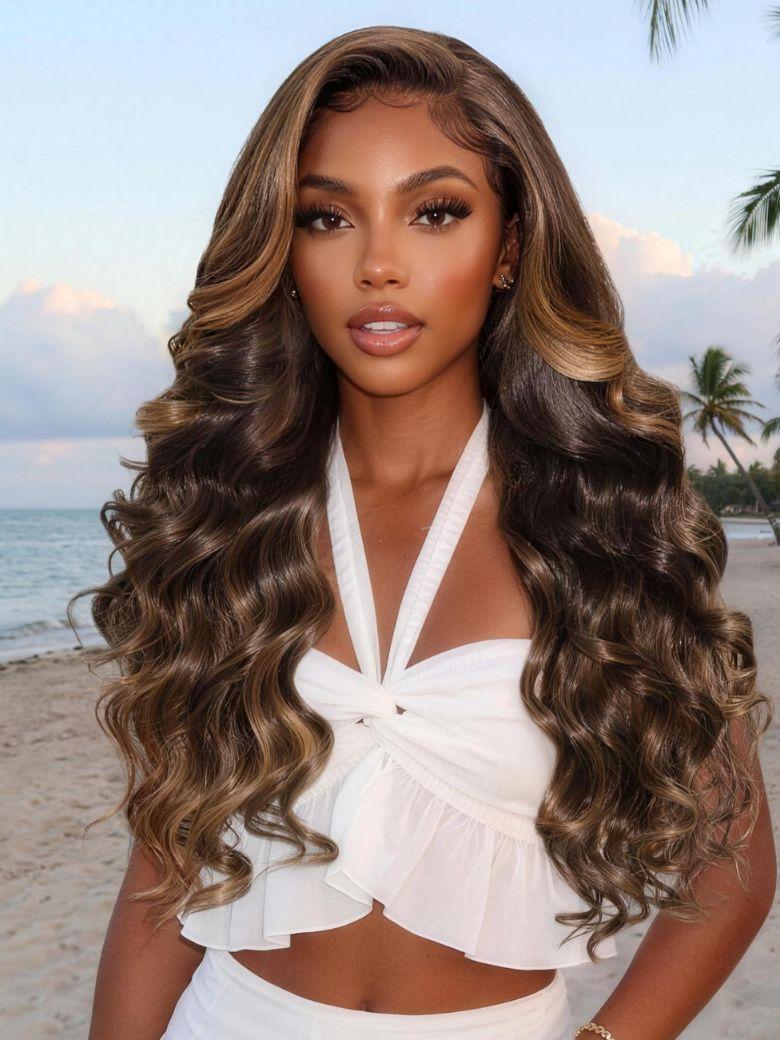 UNice 7x5 Bye Bye Slip™ Lace Chocolate Brown with Caramel Blonde Highlights Body Wave Wig with Side Part Bangs