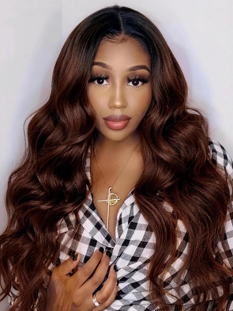 [Flash Sale] UNice Beginner Friendly Hollow Rose V Part Wig No Glue Throw On & Go Red Brown Body Wave Wig With Dark Roots Flash Deal
