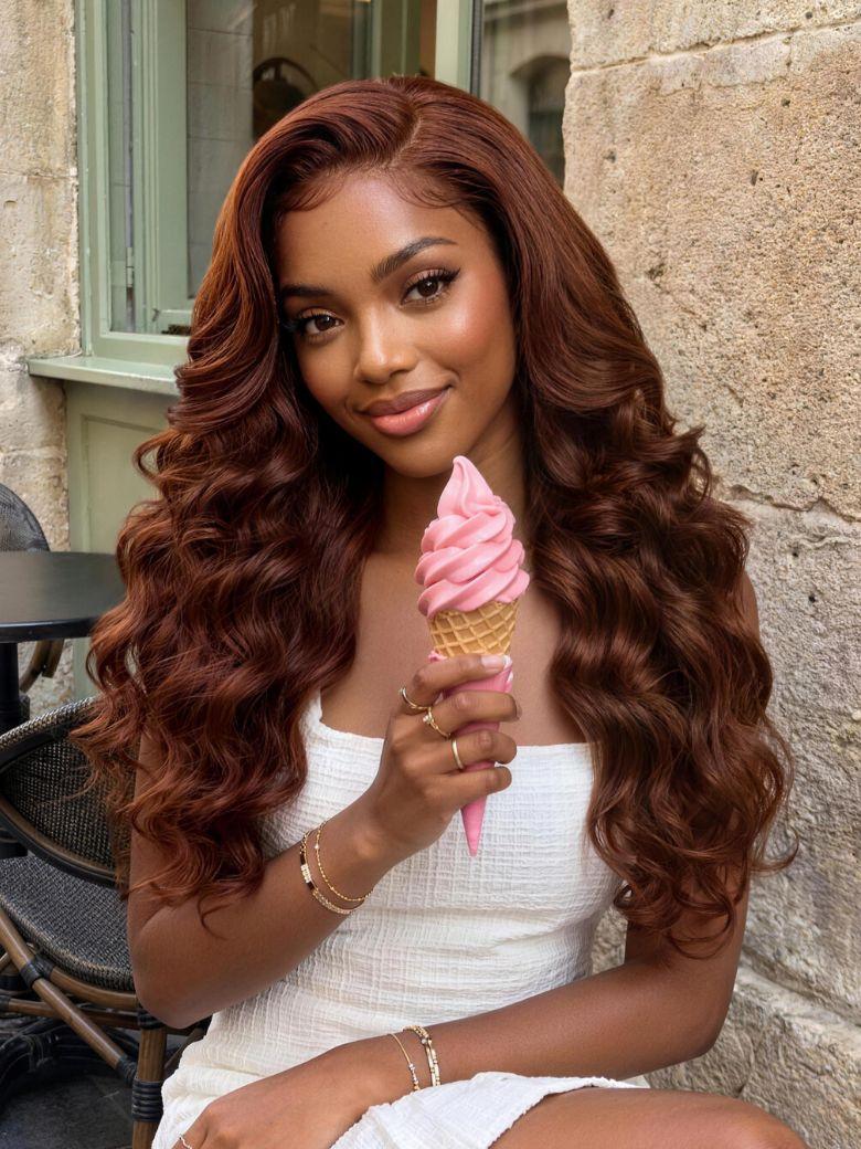 UNice 13x4 Bye Bye Slip™ Lace Frontal Copper Auburn Gluelesss Body Wave Drawstring Wig with Side Swept Bang