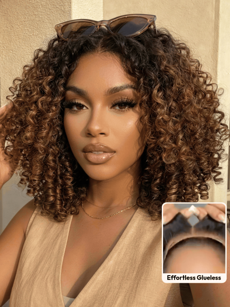 7x5 Bye Bye Slip™ Glueless Lace Black to Chestnut Brown Ombre Burmese Curly With Finger Coil Ends Wig-Put On & Go With Invisi Drawstring