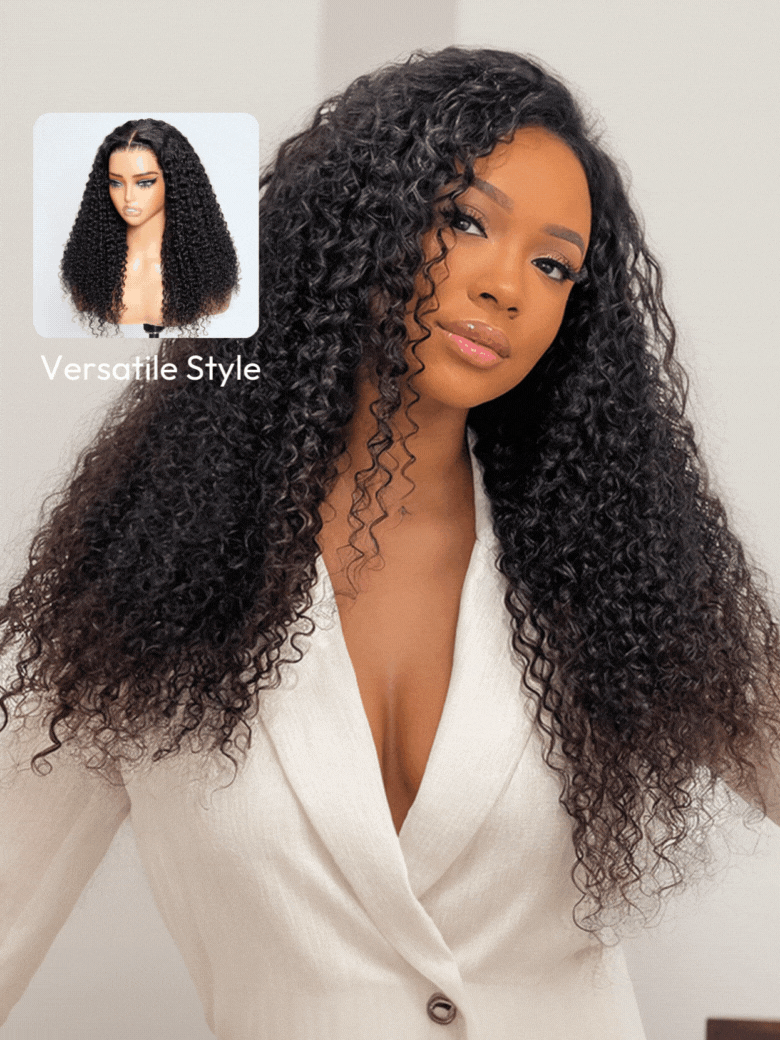 A model displays the UNice Jerry Curly 7x5 Bye Bye Knots wig With Bleached Invisible Knots & Baby Hair, showing a model with long curly hair wearing a white shirt.