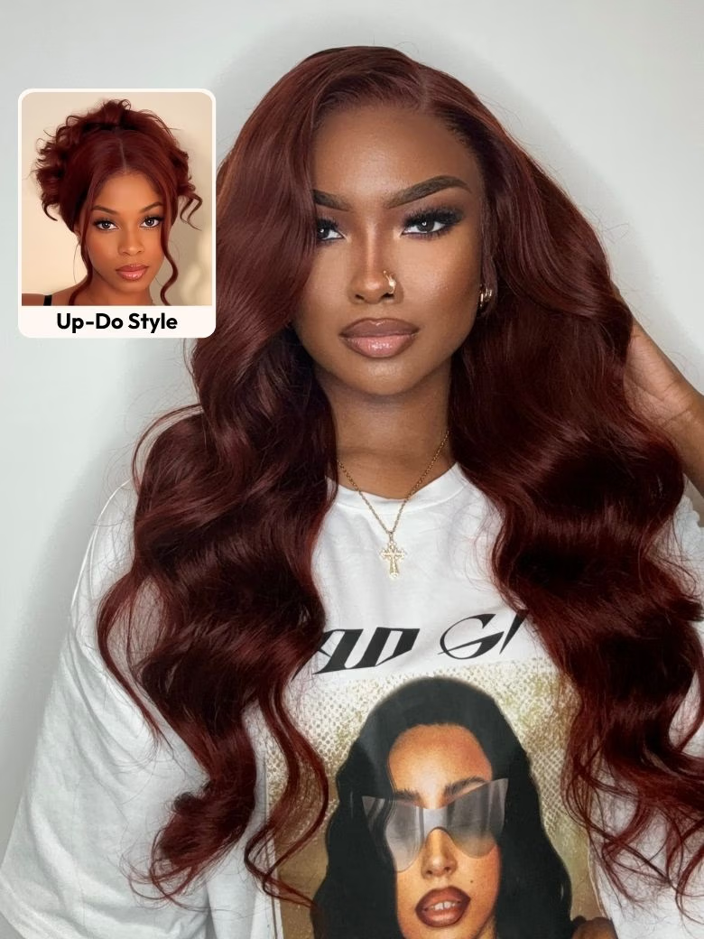 A model displays the UNice 7x5 Bye Bye Knots Wig & 5X5 HD Lace Reddish Brown Body Wave Bleached Knots Wig, showing a model with long red hair wearing a white shirt.