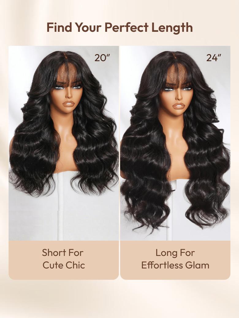 7x5 Bye-Bye Slip™ & 13x4 Pre-Everything™ Pull & Go Black Fluffy Loose Wave Wispy Bangs Glueless Wig