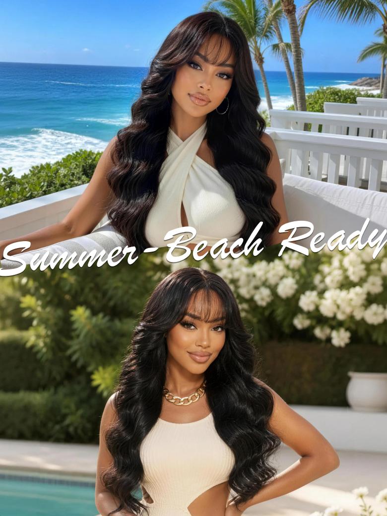 7x5 Bye-Bye Slip™ & 13x4 Pre-Everything™ Pull & Go Black Fluffy Loose Wave Wispy Bangs Glueless Wig