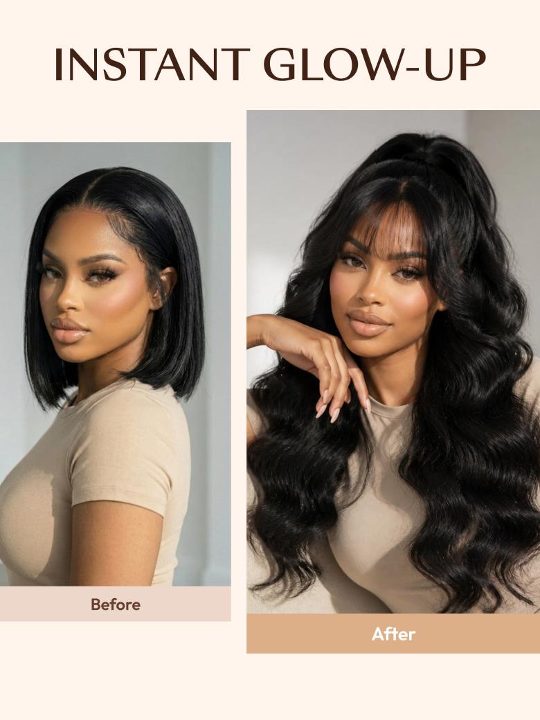7x5 Bye-Bye Slip™ & 13x4 Pre-Everything™ Pull & Go Black Fluffy Loose Wave Wispy Bangs Glueless Wig