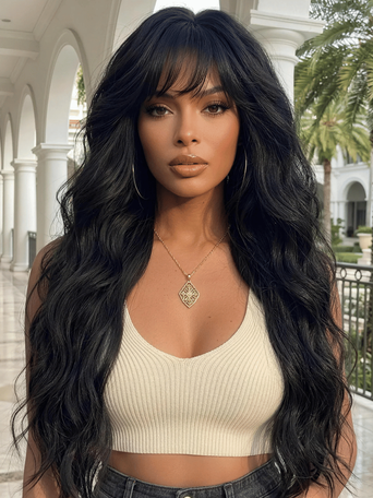 7x5 Bye-Bye Slip™ & 13x4 Pre-Everything™ Pull & Go Black Fluffy Loose Wave Wispy Bangs Glueless Wig