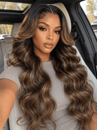 7x5 Bye Bye Slip™ Balayage Highlight Body Wave & Curtain Bangs Wig – Glueless Lace Pull & Go with Invisi Drawstring