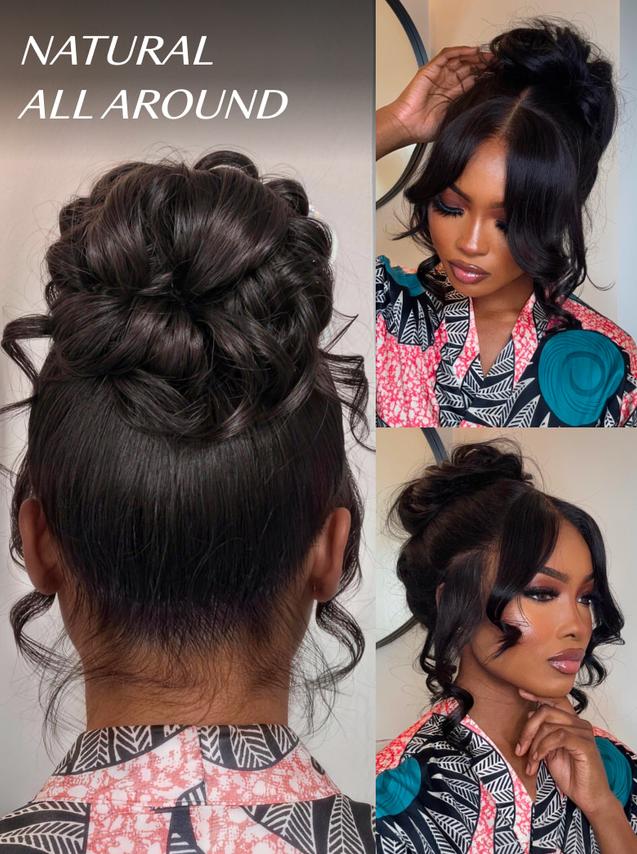 Multi-angle view of a black wavy wig styled into a high updo, highlighting the seamless transition of the lace at the forehead and the back of the neck for a realistic finish.