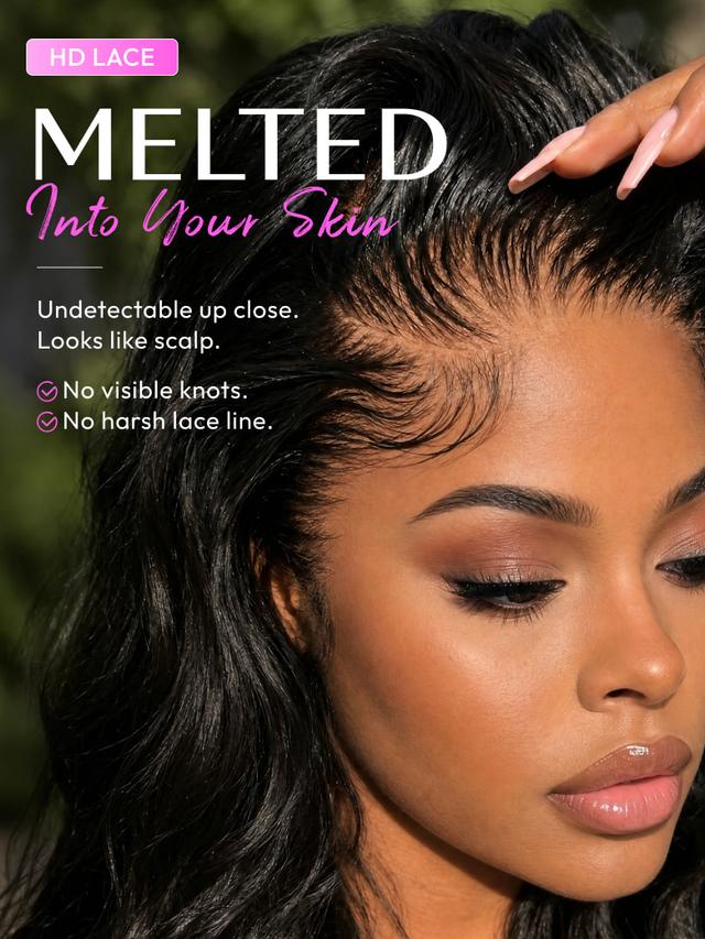 Extreme close-up of a 100% glueless wig hairline featuring a pre-plucked lace middle part and realistic baby hairs for a seamless blend.