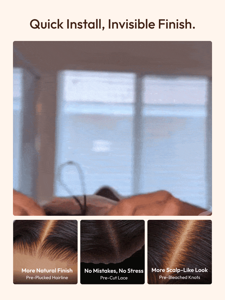 Animated image showing a wear and go glueless wig being placed on a person's head with text: 1 Min Ready To Go, Put On And Go, More Natural Finish—Pre-Plucked Hairline, No Mistakes, No Stress—Pre-Cut Lace, and More Scalp-Like Look—Pre-Bleached Knots.