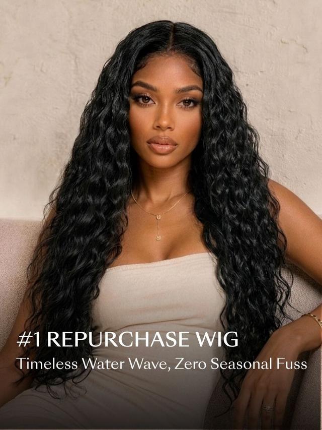 #1 Repurchase Wig ad featuring a model wearing a long, voluminous black water wave human hair wig with a natural 7x5 lace closure middle part.