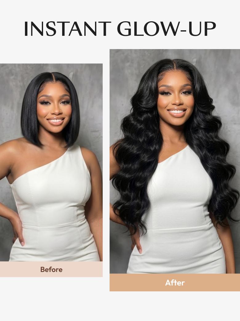 Before and after comparison of hair length and volume, showcasing a short natural bob versus long body wave hair wig with voluminous black waves styled in a half-up ponytail with a claw clip.
