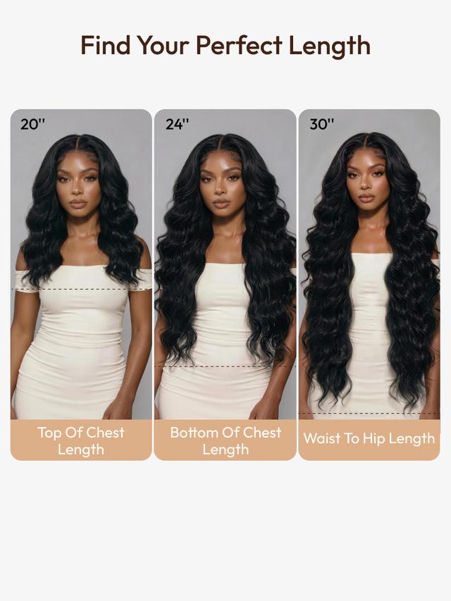 Side-by-side comparison chart for black wavy wig lengths, illustrating how 20-inch, 22-inch, and 24-inch hair falls on the body from chest level to the waist.