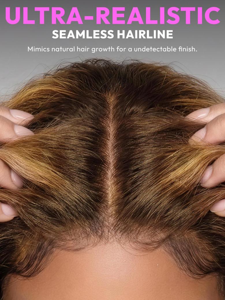 Extreme close-up of a 100% glueless bronde highlight wig hairline featuring a pre-plucked lace middle part and realistic baby hairs for a seamless blend.