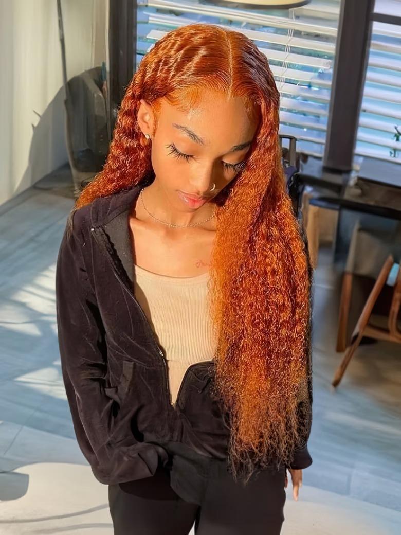 [24"=$89] Hot Ginger Color Glueless Lace Jerry Curly Human Hair Lace Part Wig 150% Density
