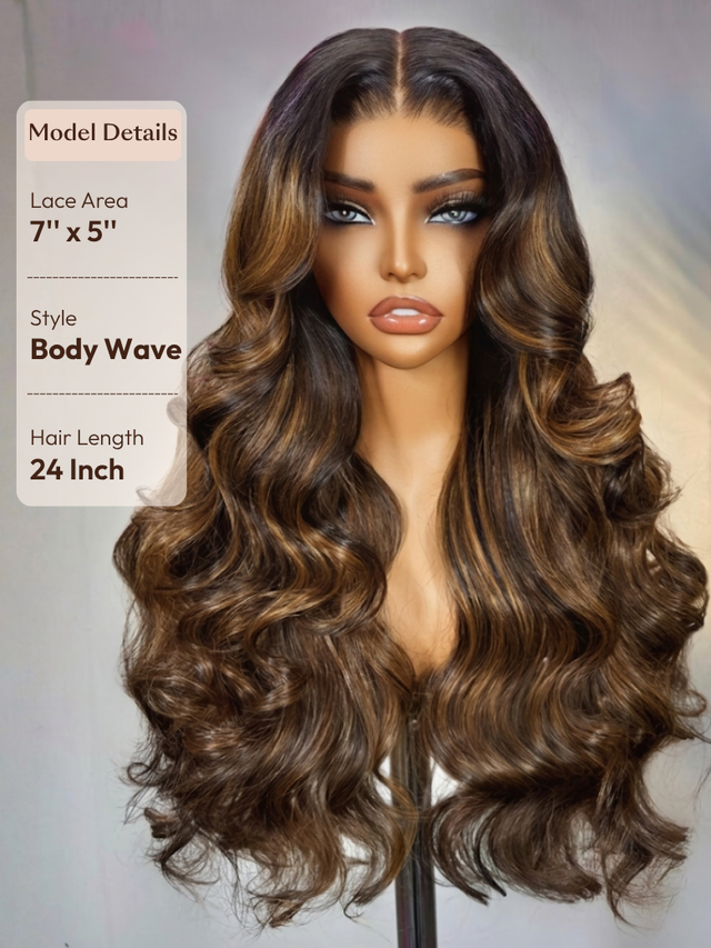 UNice 7x5 Bye Bye Knots™ Wig Glueless Lace Balayage Highlight Body Wave Drawstring & Curtain Bangs Wig