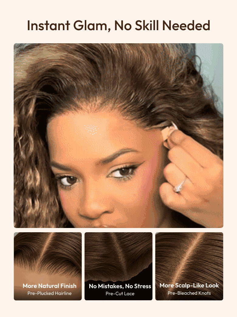 Honey blonde highlights curly wig with pre-plucked hairline, pre-cut lace, and bleached knots for a glueless install.