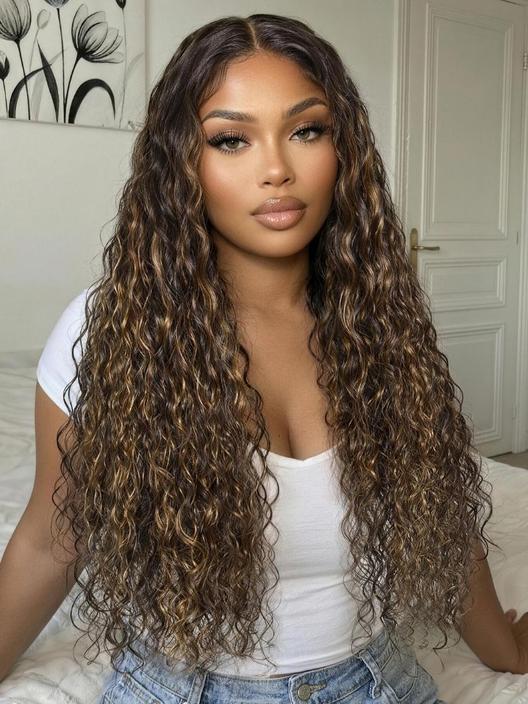 UNice 7x5 Bye Bye Slip™ Lace Caramel Brown Ombre with Dark Roots Water Wave Glueless Wig