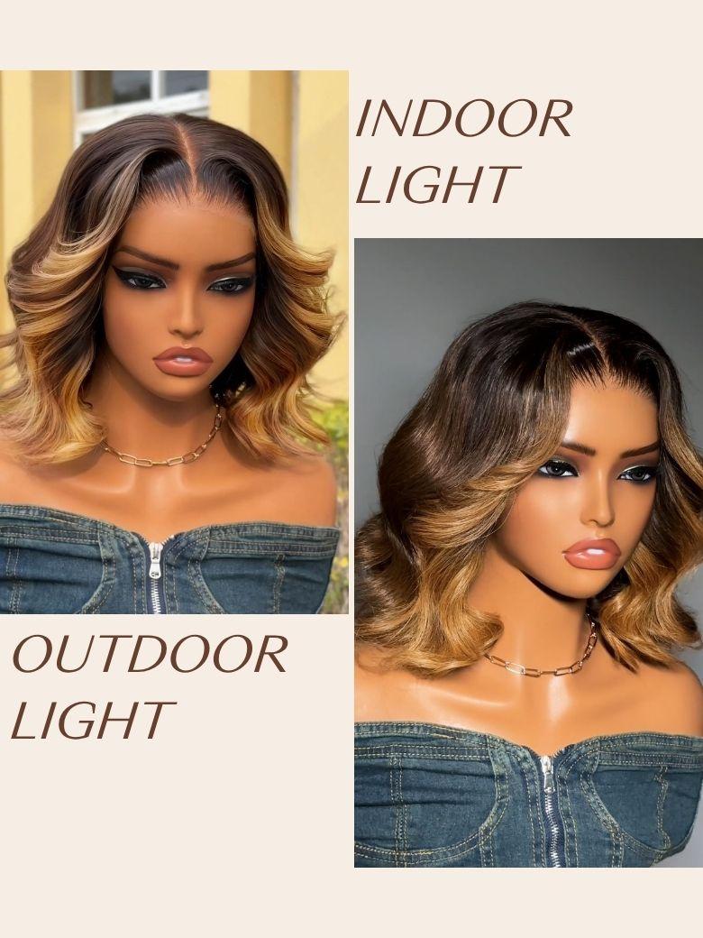 UNice 13x4 Pre-Everything™ Lace Frontal Brown With Honey Blonde Face-Framing Highlights Wavy Bob Drawstring Wig