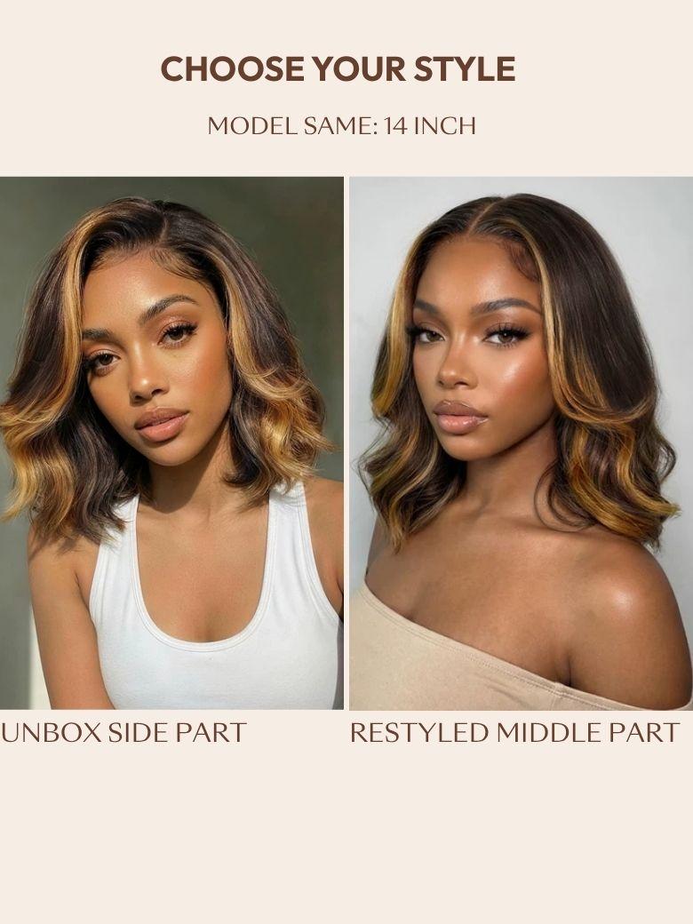 UNice 13x4 Pre-Everything™ Lace Frontal Brown With Honey Blonde Face-Framing Highlights Wavy Bob Drawstring Wig