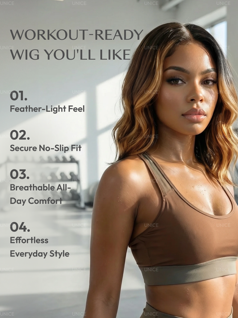 UNice 13x4 Pre-Everything™ Lace Frontal Brown With Honey Blonde Face-Framing Highlights Wavy Bob Glueless Drawstring Wig Workout Friendly Secure Fit