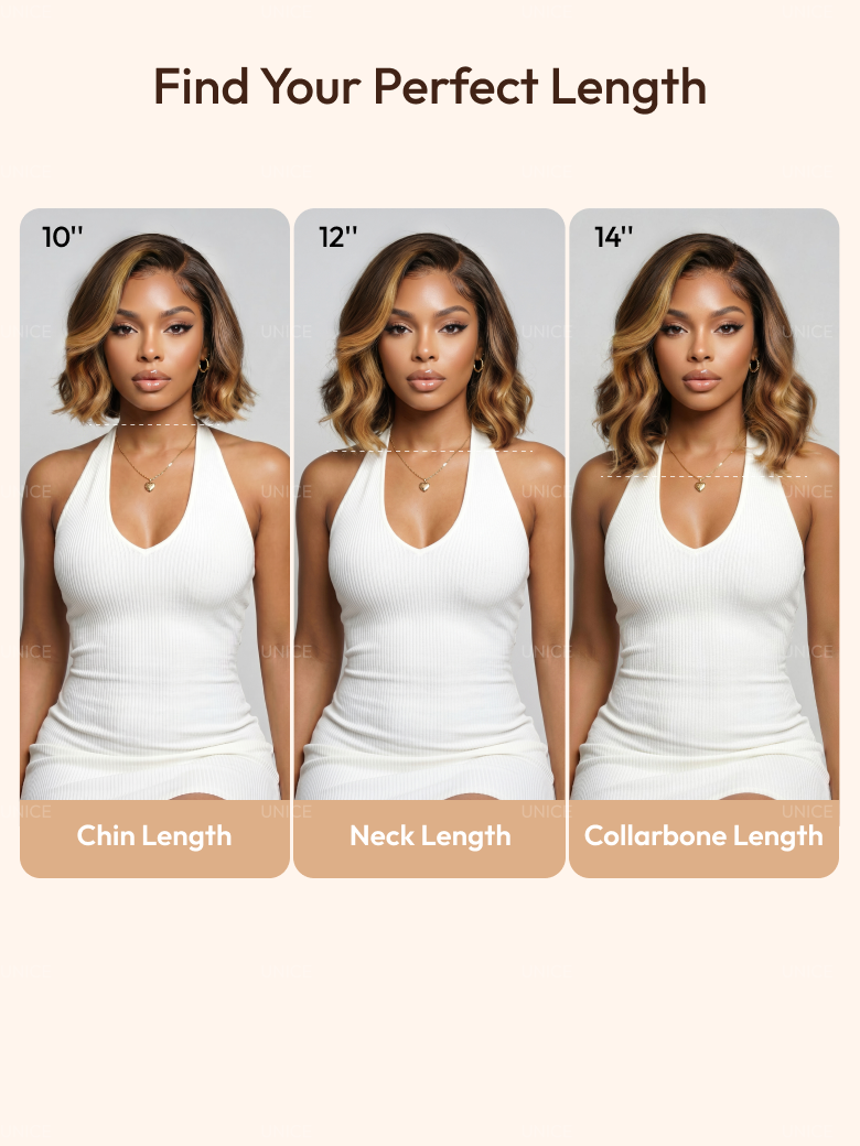 UNice 13x4 Pre-Everything™ Lace Frontal Brown With Honey Blonde Face-Framing Highlights Wavy Bob Glueless Drawstring Wig Workout Friendly Secure Fit