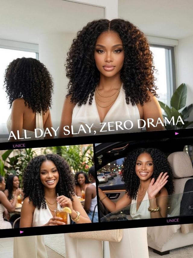 UNICE curly human hair wig for Black women, all day slay zero drama campaign.