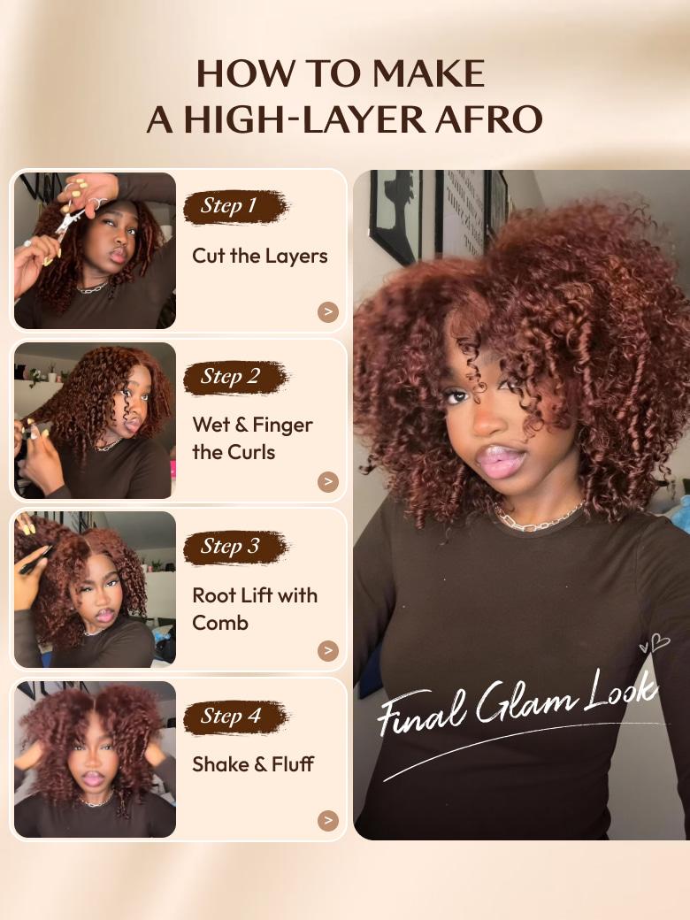 UNice 7x5 Bye-Bye Slip™ Wig Glueless Lace Sunset Afro Kinky Curly & Jerry Curly for Reddish Brown Drawstring Wig