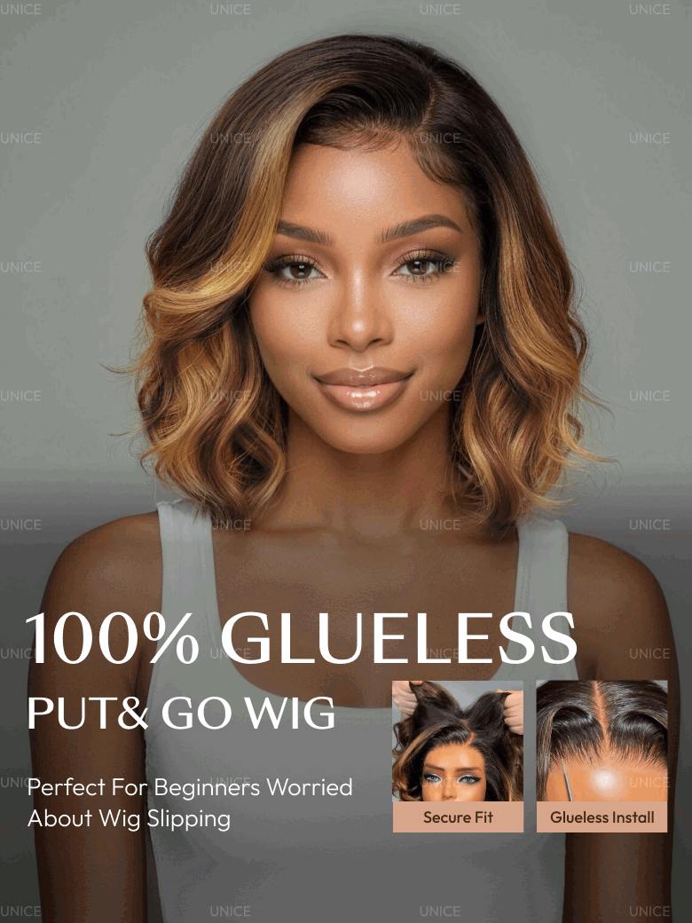 UNice 13x4 Pre-Everything™ Lace Frontal Brown With Honey Blonde Face-Framing Highlights Wavy Bob Glueless Drawstring Wig Workout Friendly Secure Fit