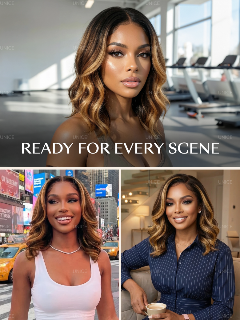 UNice 13x4 Pre-Everything™ Lace Frontal Brown With Honey Blonde Face-Framing Highlights Wavy Bob Drawstring Wig