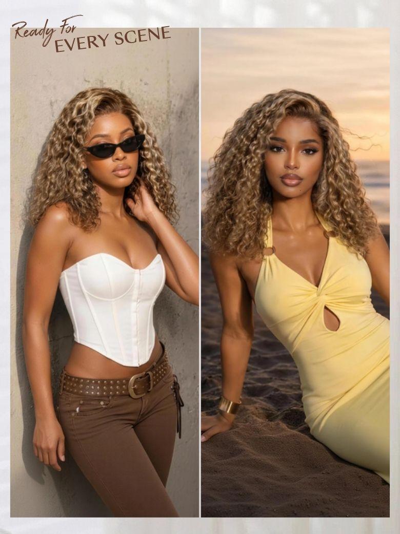 A model displays the UNice 7x5 Bye Bye Slip Pre-Cut Lace Glueless Invisible Drawstring Honey Blonde wig, showing a woman wearing a white top and brown pants and curly.